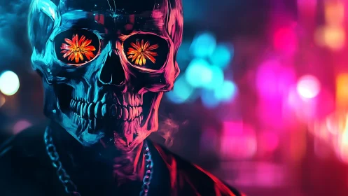 Chromatic neon skull with refractive floral ocular arrays.