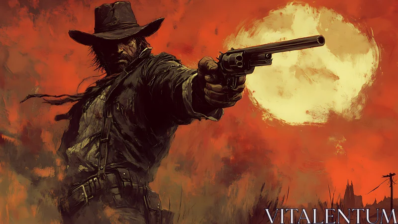 Gunslinger extends revolver under blood-red Western sky