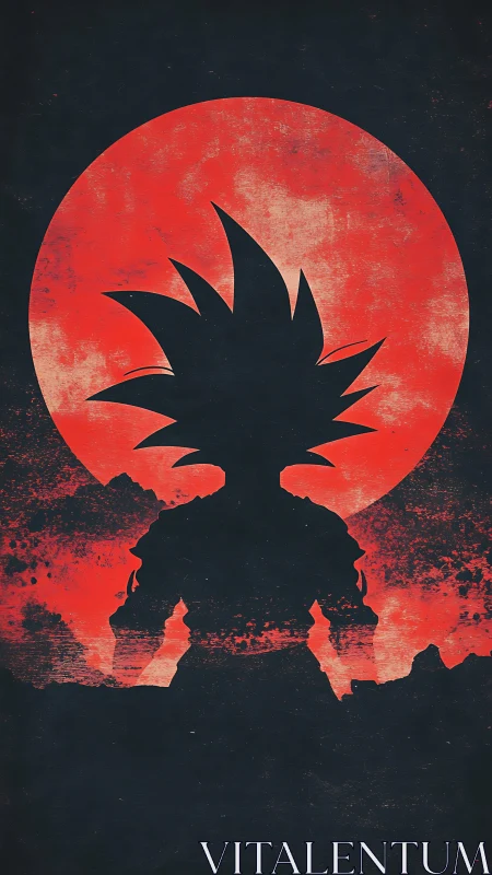 Silhouetted warrior against distressed red lunar backdrop.