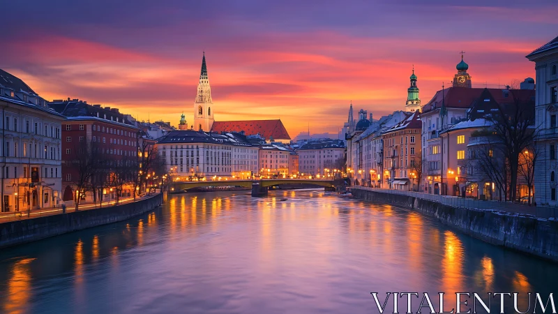 Twilight riverfront city glows beneath vivid sunset sky.