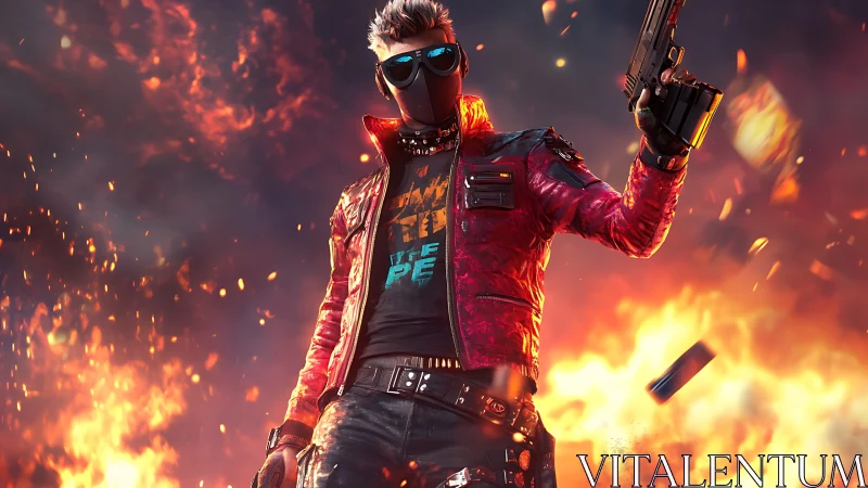 Masked cyberpunk gunfighter framed by explosive firestorm.