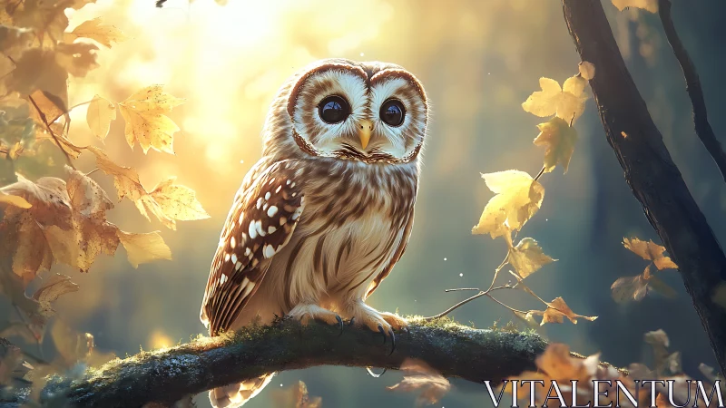 Barred owl perched on mossy branch in golden autumn light.