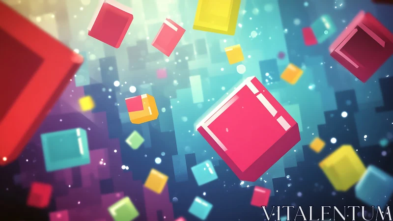 Floating neon cubes drift through a glowing digital space