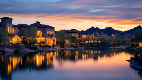Lakeside luxury villas at sunset with reflective waterfront symmetry.