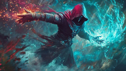 Hooded battle mage channels opposing fire and frost energies