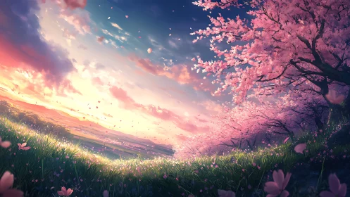Cherry blossom hillside glows under a dreamy pastel sunset sky