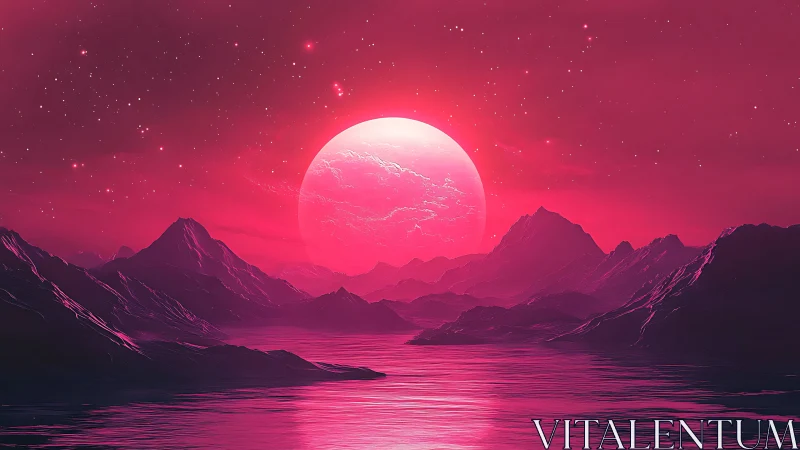 Radiant crimson moonrise bathes alien mountains in neon light