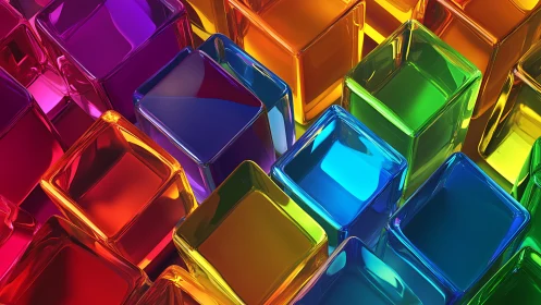 Translucent rainbow cubes stack in glossy geometric grid.