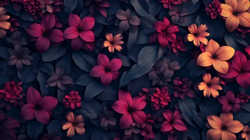 Vibrant Floral Composition with Deep Tones. 3D Digital Artwork.