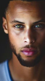 Hyper-detailed facial close-up with luminous specular eyes.