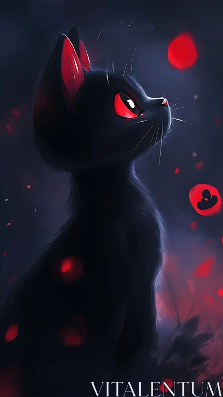 Black cat profile with red glowing eyes and petals.