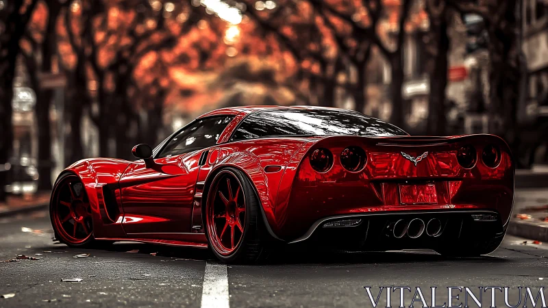 Red sports coupe parked on urban street in autumn light.