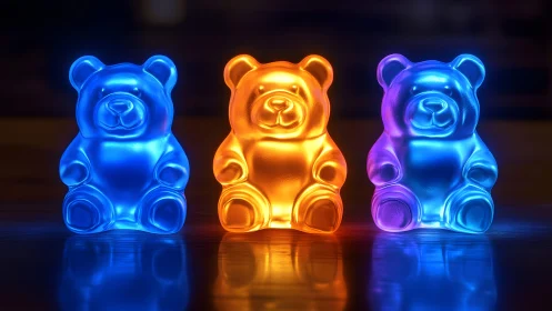 Three Glowing Gummy Bears in Neon Colors, Modern Still Life.