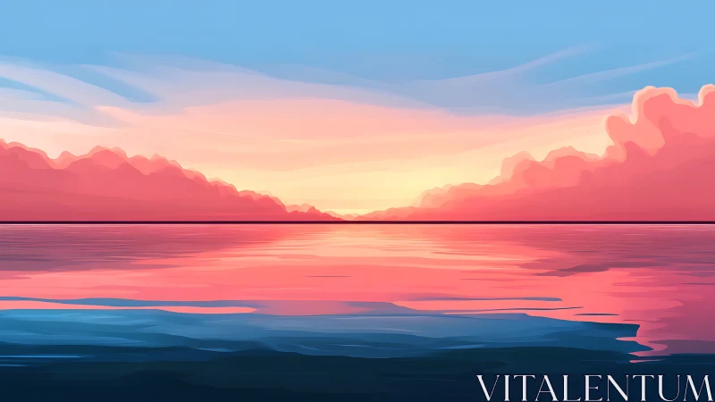 Sunset horizon over calm ocean with stylized clouds.