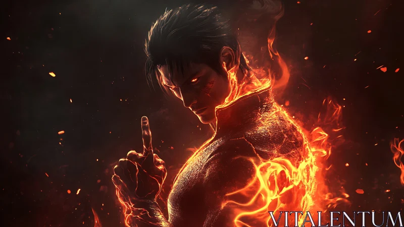 Fiery male figure in dark background with glowing embers.