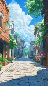 Sunlit stone alley with residential facades and foliage.