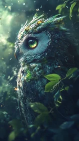 Forest spirit owl with luminous eye and leaf plumage.
