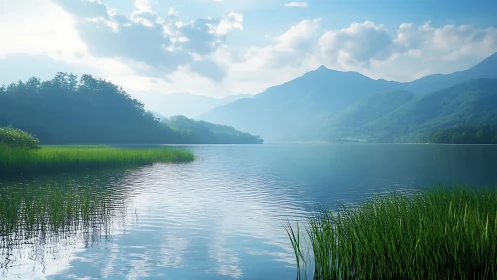 Mountain lake with shoreline reeds under soft morning light.