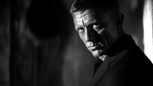 Monochrome portrait of man in low key side lighting.