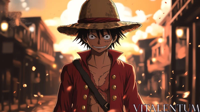 Straw-hatted adventurer smiles boldly in a glowing street