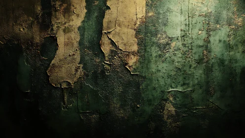 Weathered green and gold textured wall with peeling paint, moody style.