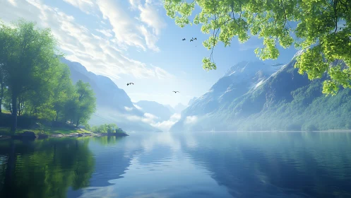 Mountain lake with tree-lined shore and distant peaks.