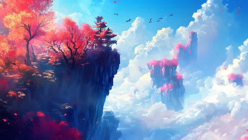 Skycliff pagoda adrift above cotton kingdoms of cloud.