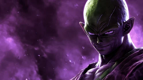 Luminous green warrior rendered in high-contrast purple nebula.
