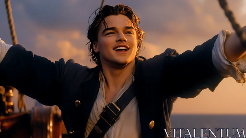 Sunlit sailor exults on ship bow under warm ocean sunset.