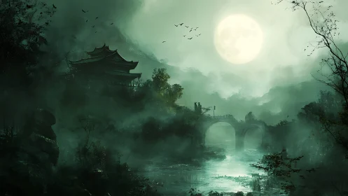 Misty moonlit river with pagoda and stone arch bridge.