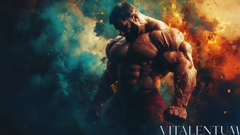 Powerful muscular hero rising from swirling cosmic fire.