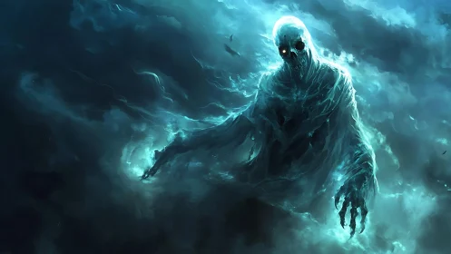 Spectral wraith emerging from swirling cyan stormclouds.