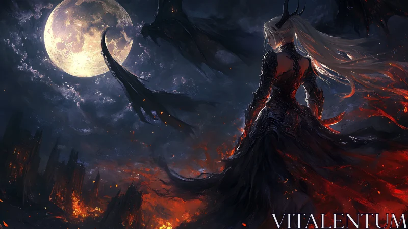 Demon queen surveys burning citadel under bloodlit moon.