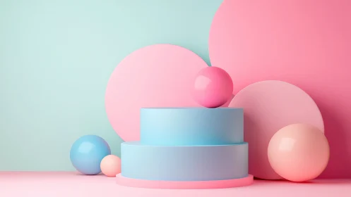Playful pastel podium with soft spheres in candy colors.