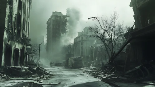 Urban street with collapsed high-rise and structural debris.