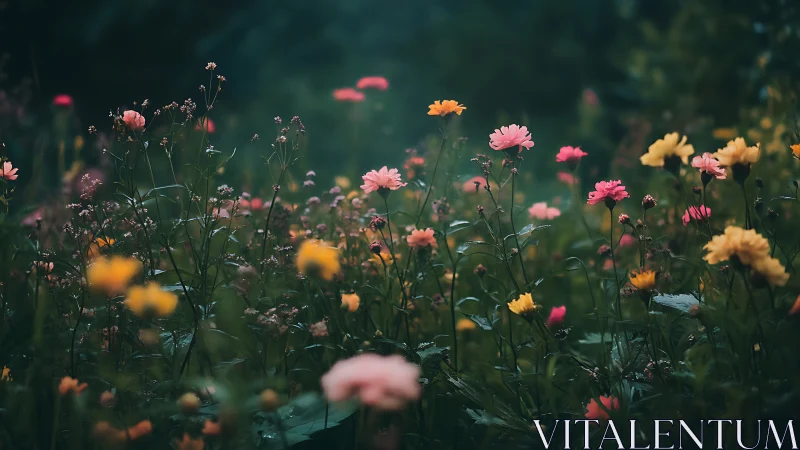 Dreamy wildflower meadow glowing in soft evening light.