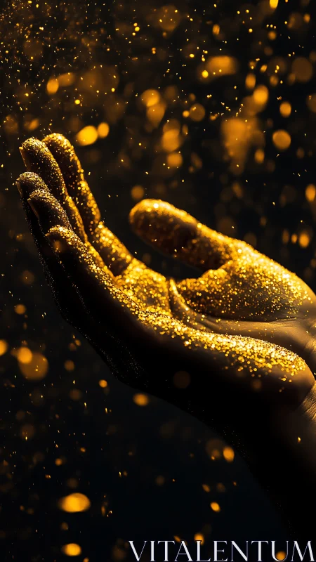 Hands holding glowing golden particles in dark space.