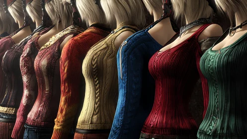 Row of stylized women in tight colored sweaters, side view.