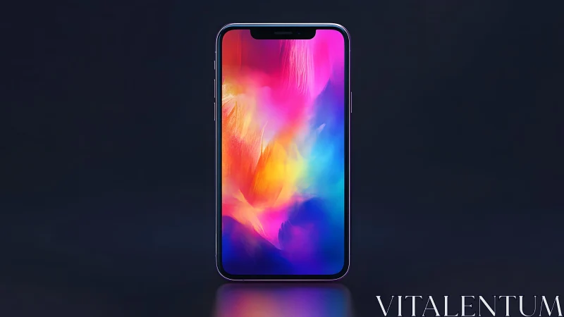 Modern smartphone with vibrant abstract display on dark background.
