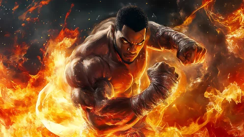 Digital illustration of fighter surrounded by intense flames.
