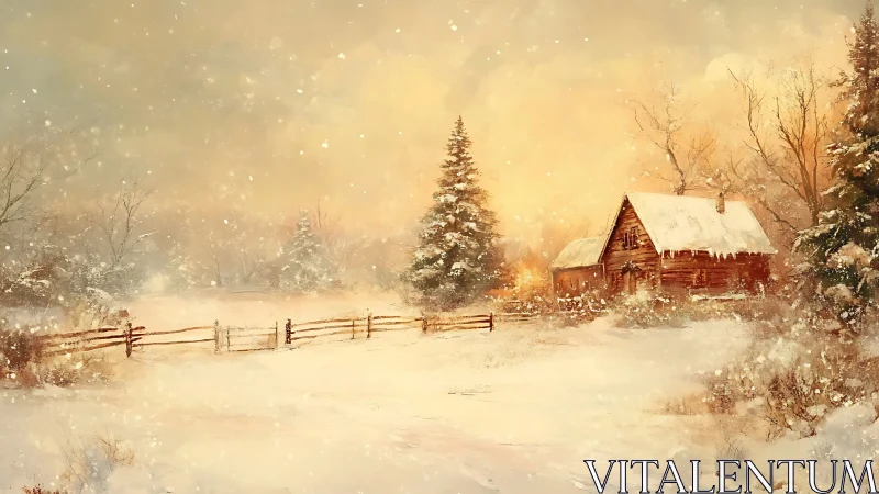 Snowy cabin glows under golden winter sunset snowfall.