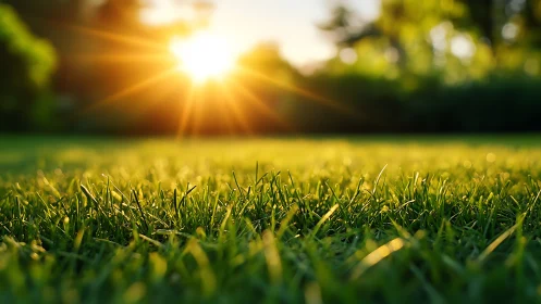 Lush green grass at sunrise with warm sunlight, natural style.
