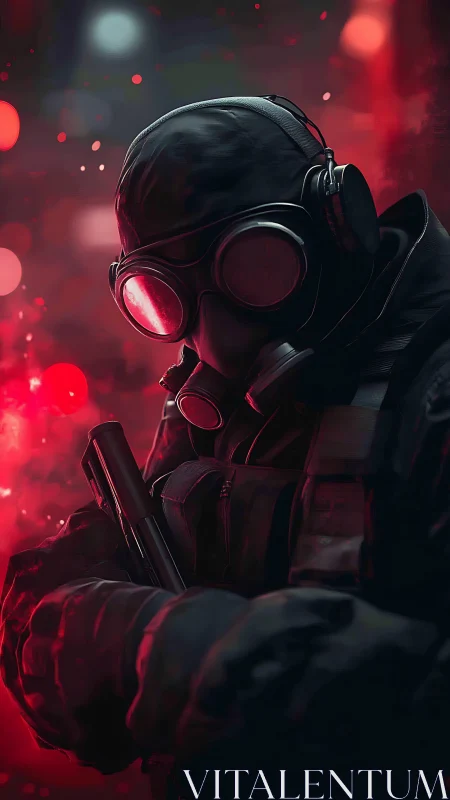 Tactical soldier in gas mask stands in red neon haze