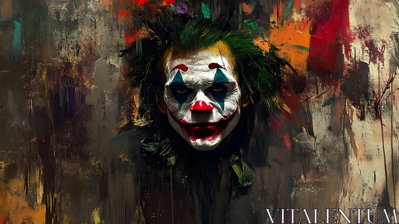 Clown face emerges from textured abstract painted background