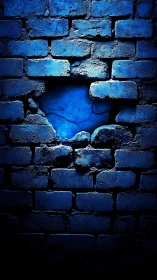 Blue brick wall surface shows central damaged opening area