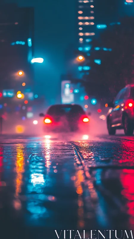 Neon car tail lights glow through rainy midnight city streets