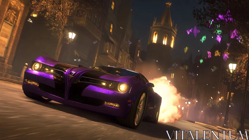 Midnight purple supercar blazes through a spellbound city street