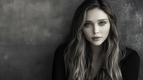 Portrait shows a young woman facing camera beside textured wall