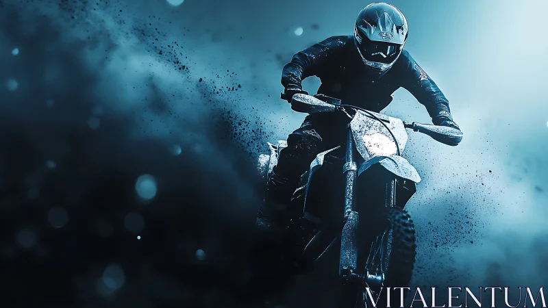 Night-charged motocross rider carving sparks through mist.