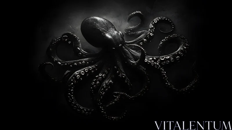 Gleaming black octopus emerges from dramatic shadows.